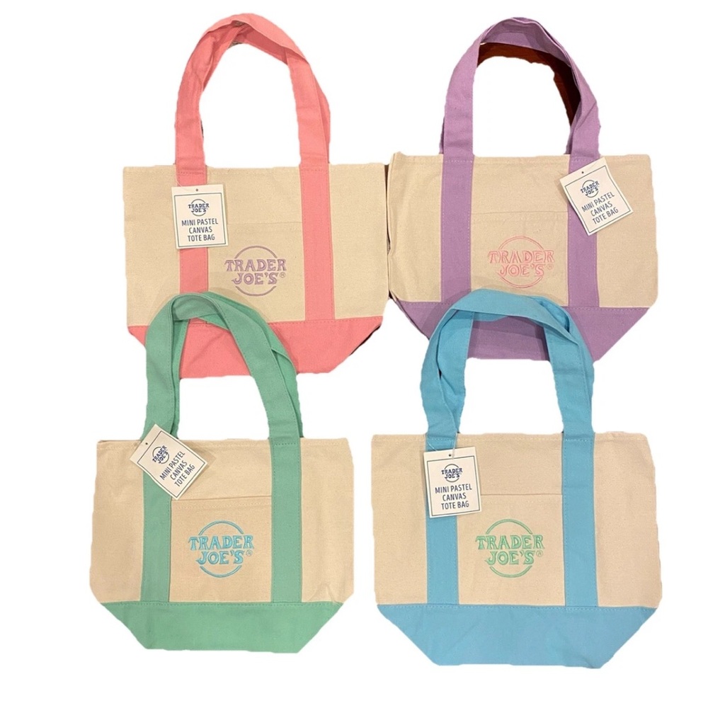 Trader Joe's Pastel Pink Purple Mini Canvas Tote Bags 2026 LIMITED NWT LOT OF 4